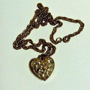 Vintage rhinestone pave gold tone heart pendant on gold tone 18” chain